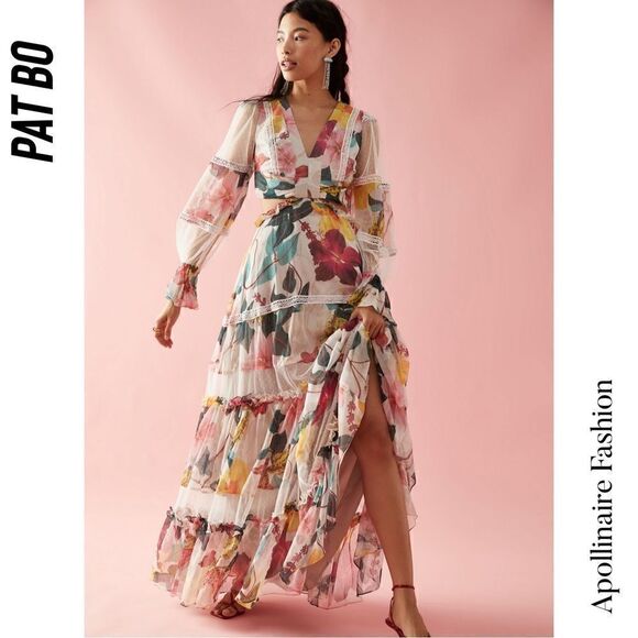 PAT BO HIBISCUS LACE TRIM CUT OUT MAXI DRESS IN VANILLA NWT SIZE 10 RARE - Picture 2 of 11